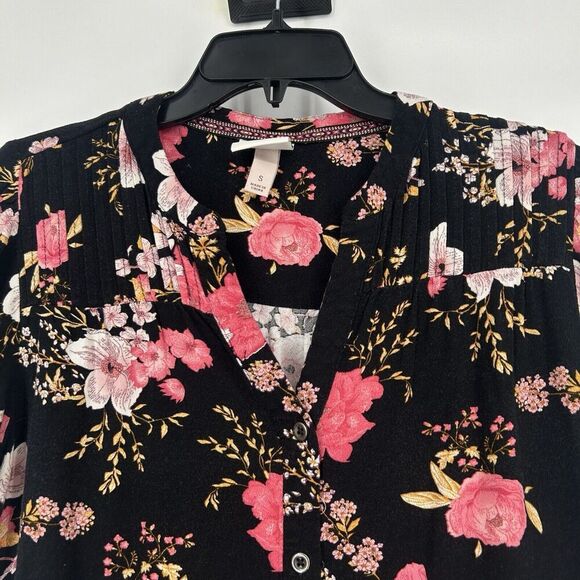 Knox Rose Boho Button Up Shirt Floral Black Pink Mixed Pattern Size S - Picture 2 of 9